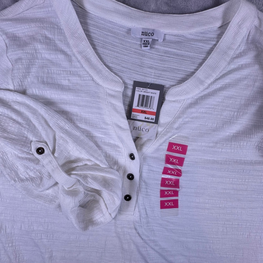 Nuco Bright White Henley Top XXL 3/4 Roll Tab Sleeve Textured Knit NWT 291123
